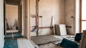 Cantiere di rifacimento bagno con impianti a vista e massetto