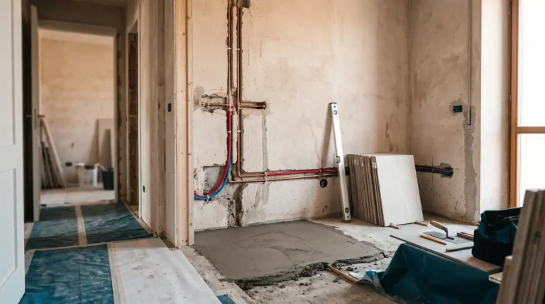 Cantiere di rifacimento bagno con impianti a vista e massetto