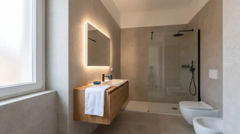 Bagno moderno completamente rifatto con doccia a filo pavimento
